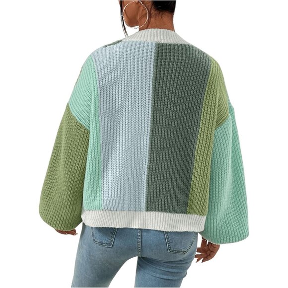Women's Color Block Cropped Cardigan Ribbed Knit Long Sleeve Open Front - Picture 2 of 6
